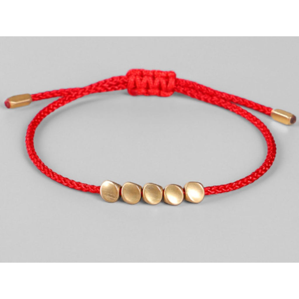 Buddha & Karma Five Lucky Beads Copper Bracelet - Blue & Red String