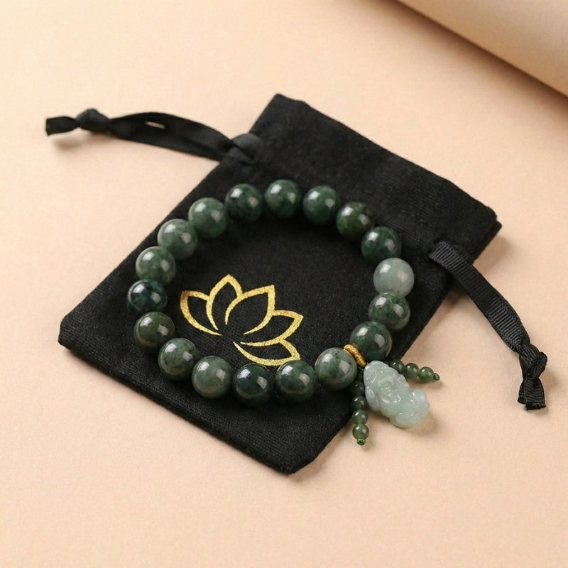 Buddha & Karma Green Jade Bracelet with Pixiu - Invite Wealth & Calming Energies