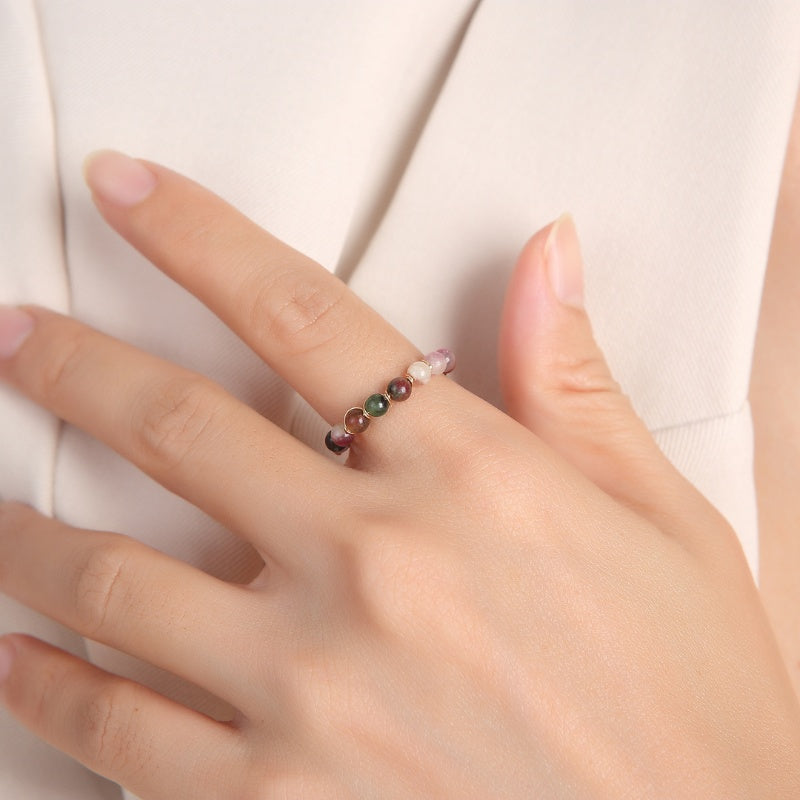 Buddha & Karma Tourmaline Ring - Natural Healing Crystal Bead Rings