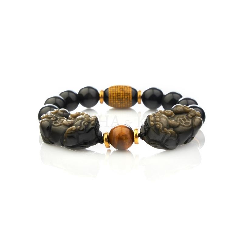 Buddha & Karma Natural Gold Obsidian Double Pixiu Bracelet