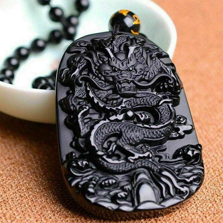 Buddha & Karma Natural Black Obsidian Dragon Protection Necklace
