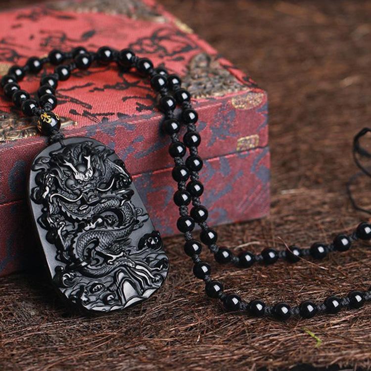 Buddha & Karma Natural Black Obsidian Dragon Protection Necklace