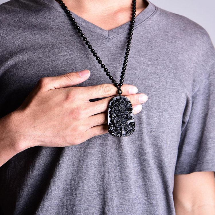 Buddha & Karma Natural Black Obsidian Dragon Protection Necklace