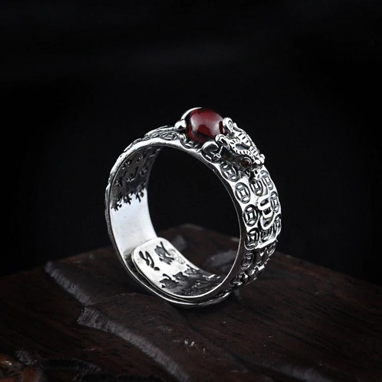 Buddha & Karma Natural Garnet Pixiu Ring - Feng Shui Wealth Ring
