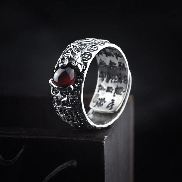 Buddha & Karma Natural Garnet Pixiu Ring - Feng Shui Wealth Ring