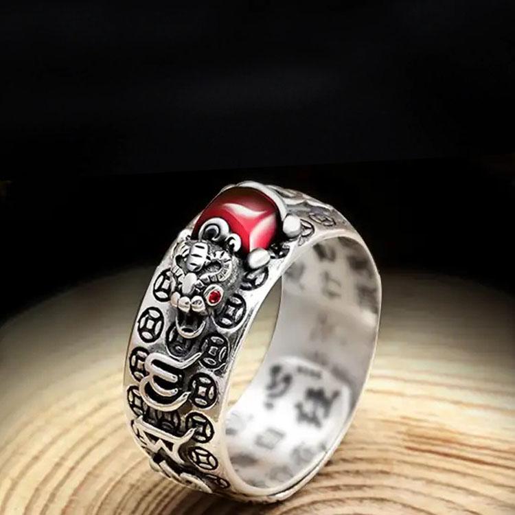 Buddha & Karma Natural Garnet Pixiu Ring - Feng Shui Wealth Ring