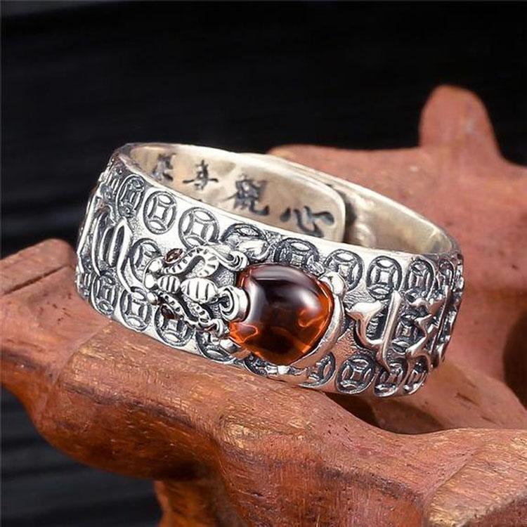 Buddha & Karma Natural Garnet Pixiu Ring - Feng Shui Wealth Ring