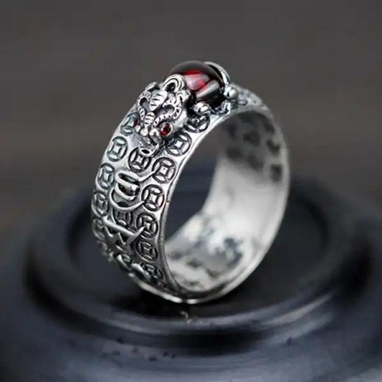 Buddha & Karma Natural Garnet Pixiu Ring - Feng Shui Wealth Ring