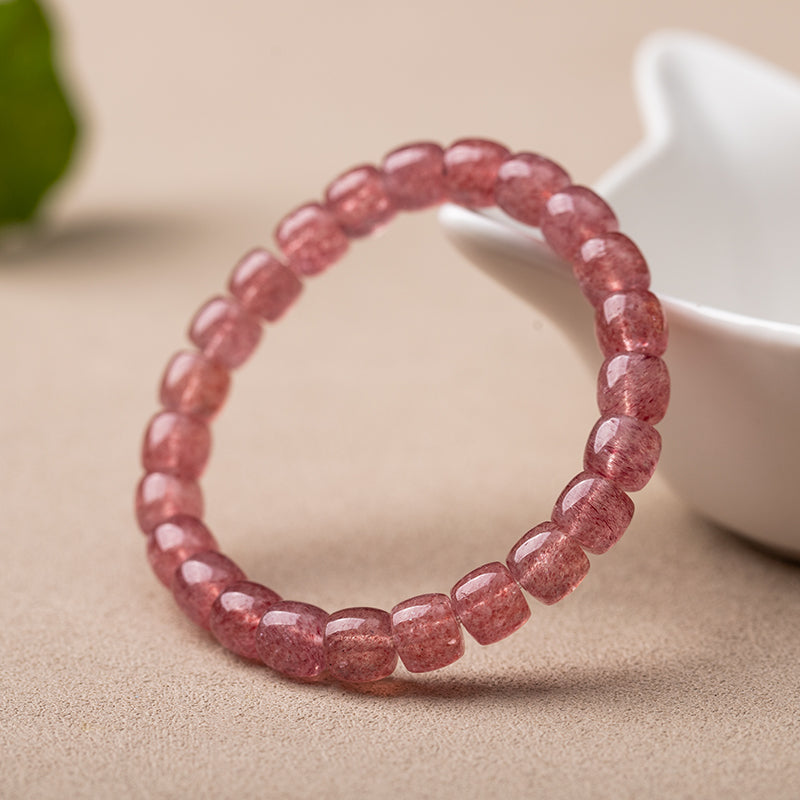 Natural Strawberry Quartz Barrel Bead Bracelet - Transparent and Radiant Red