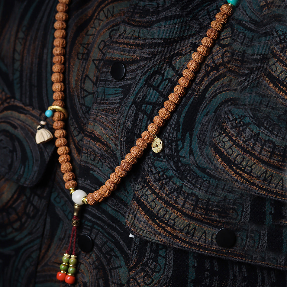 Dragon Vein Exploding Texture Rudraksha 108 Mala Beads Bracelet with Agate Stone Accents