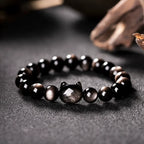 Natural Obsidian Cat Face Bead Bracelet – Natural Gold & Silver Obsidian, Dark Cat Style Jewelry