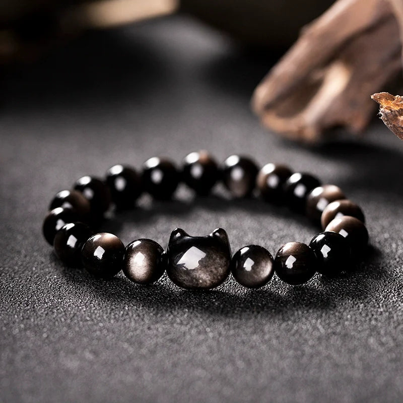 Natural Obsidian Cat Face Bead Bracelet – Natural Gold & Silver Obsidian, Dark Cat Style Jewelry