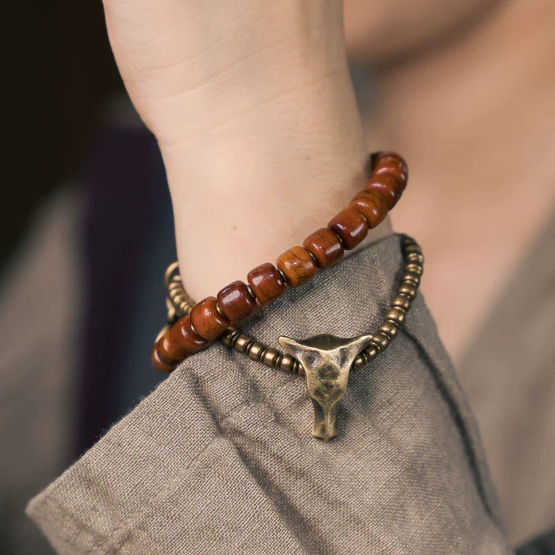 Tibetan Handmade Double-Wrap Yak Bone & Brass Bull Head Bracelet · Primal Strength, Sacred Grounding