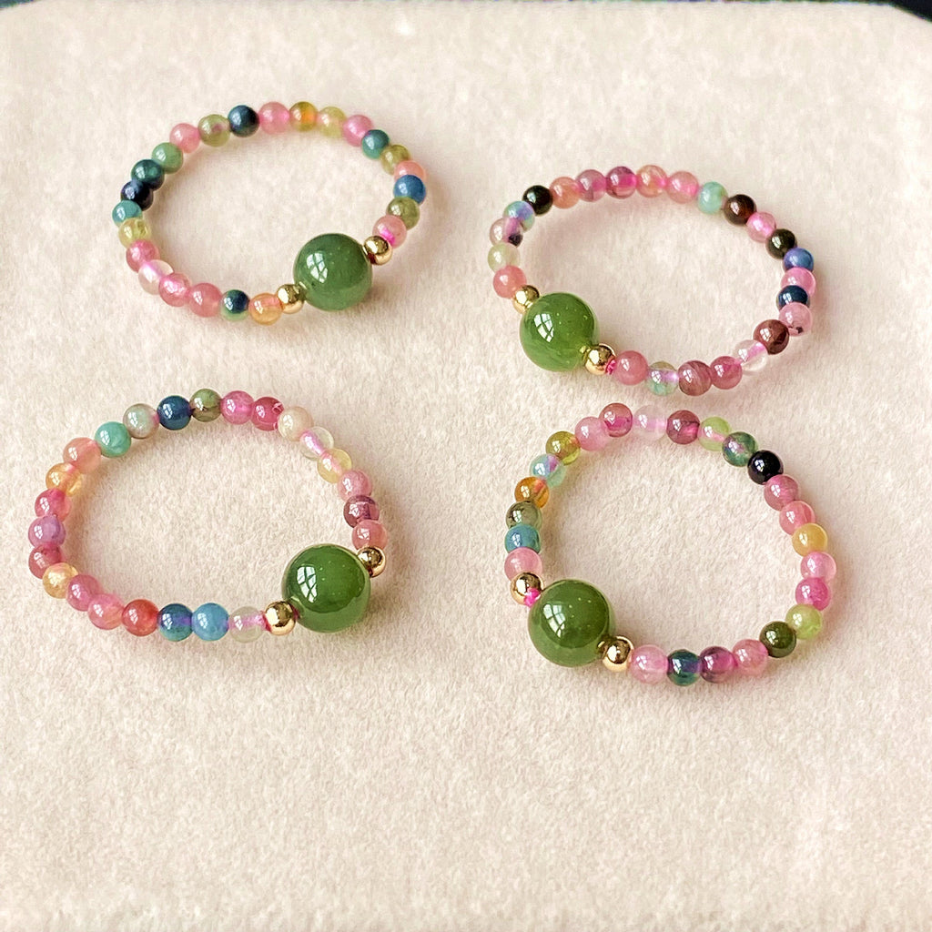 Natural Tourmaline & Green Jade Women's Stretch Ring