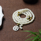 White Jade Bodhi 108 Mala Beads Bracelet with Carved Lotus Slice Pendant
