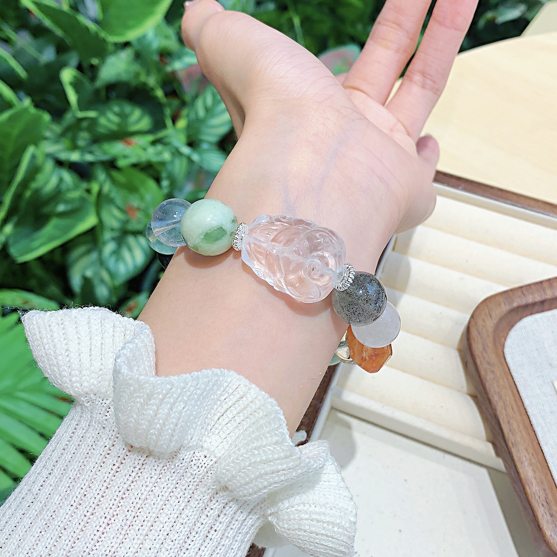 Custom Natural Xiuyan Jade Beaded Bracelet with White Crystal