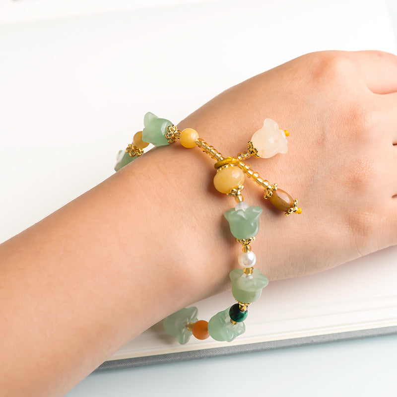 Andesine (Eastling Jade) Magnolia Flower Bracelet – Golden Silk Jade & Andesine,  Multicolor Gemstone Jewelry for Women