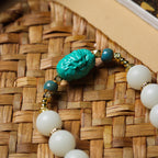 High-Polish White Jade Bodhi 108 Mala Beads Necklace with Turquoise-Look Accents and Safety Buckle – Sweater Chain Crossbody Style