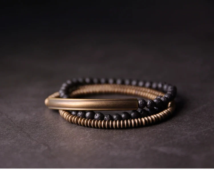 Multi-Layer Lava Stone & Brass Couple Bracelet for Grounding & Passion