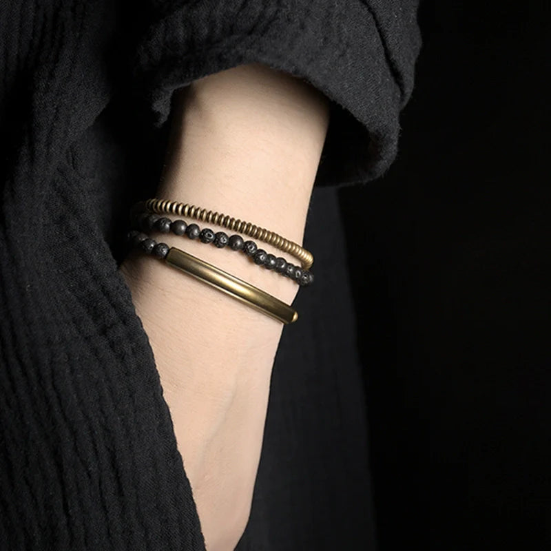 Multi-Layer Lava Stone & Brass Couple Bracelet for Grounding & Passion