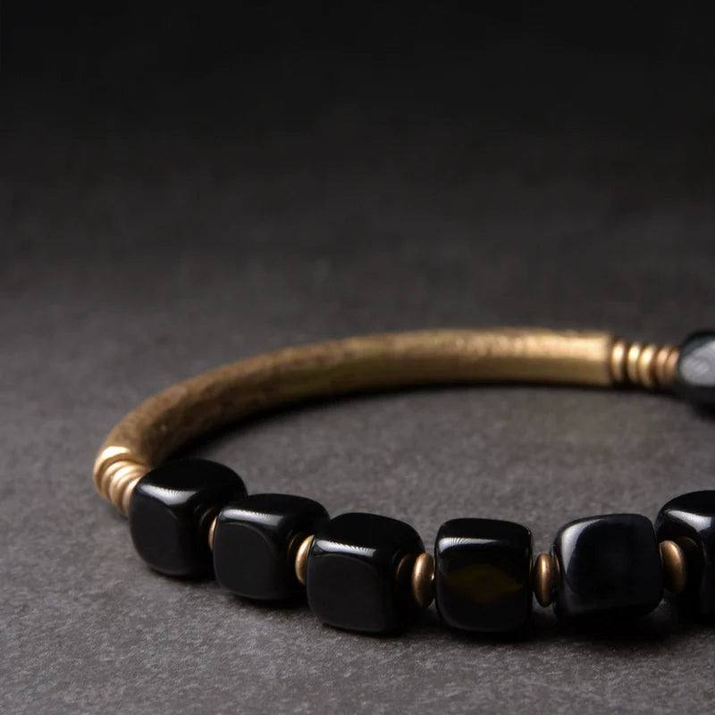 Obsidian & Brass Tibetan Vintage Couple Bracelet – Grounding & Protection