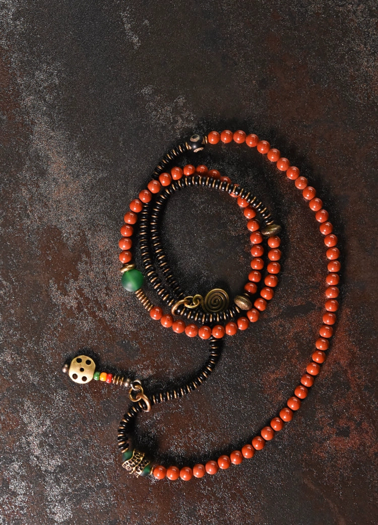 Vintage Wrap Bracelet · Red Agate, Ebony Wood & Brass · Multi-Layer Long Strand for Men and Women