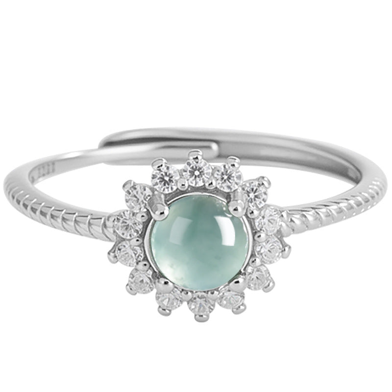 Natural A-Grade Blue Water Jadeite Adjustable Ring for Women – S925 Silver, 5.0mm Cabochon Stone
