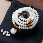 108 Mala Beads White Jade Bodhi Bracelet with Carved Lotus Pendant and Olive Pit Spacers