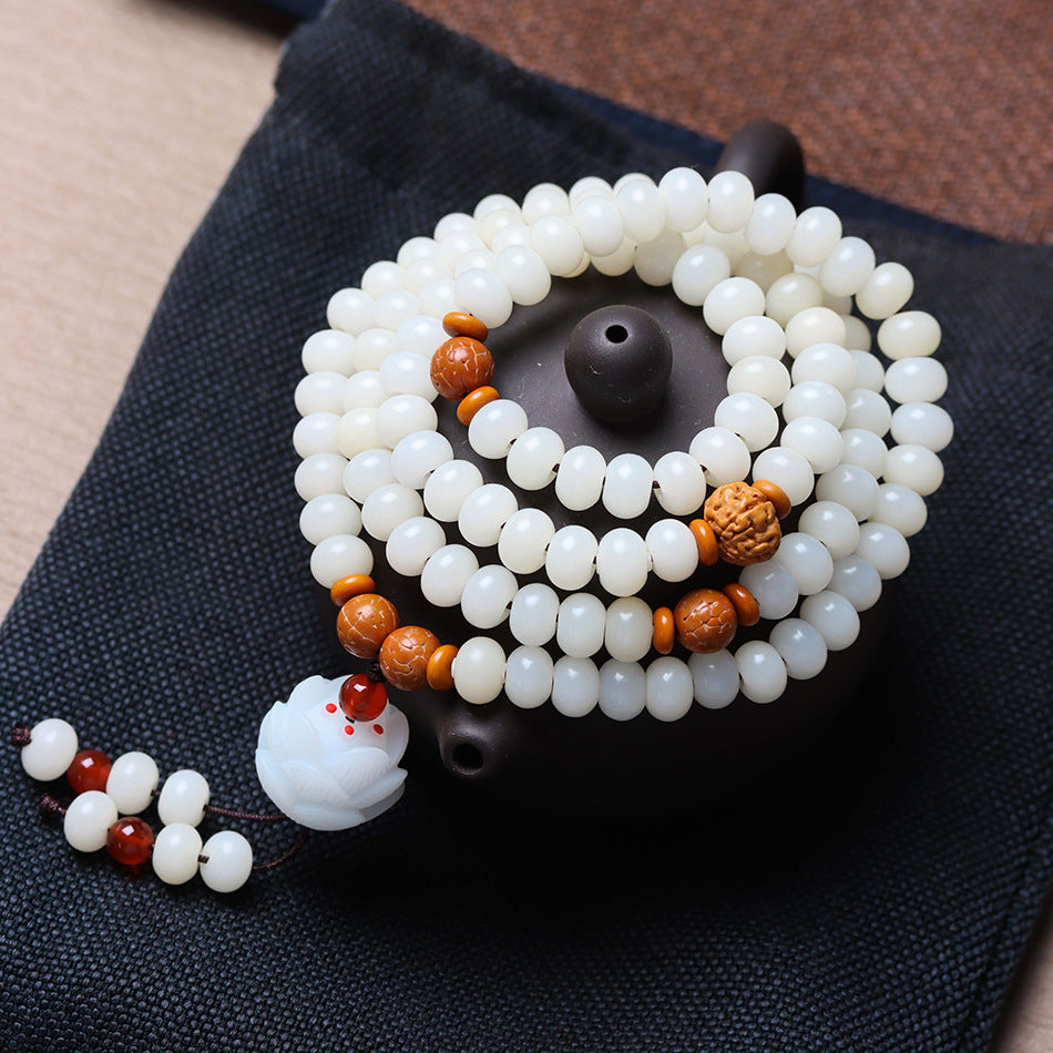 108 Mala Beads White Jade Bodhi Bracelet with Carved Lotus Pendant and Olive Pit Spacers
