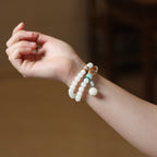 White Jade Bodhi Double Wrap Bracelet with Lotus Accent for Women