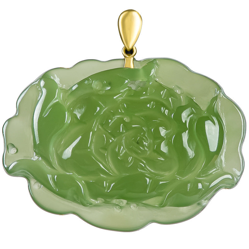 Authentic Hetian Green Jade Peony Pendant for Women, 18K Gold Setting