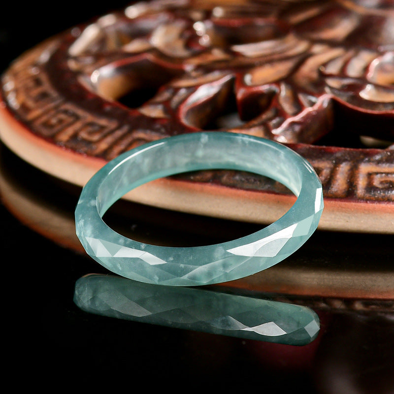 Natural A-Grade Blue Water Jadeite Diamond-Cut Ring – Unisex Couple's Ring, Elegant Design