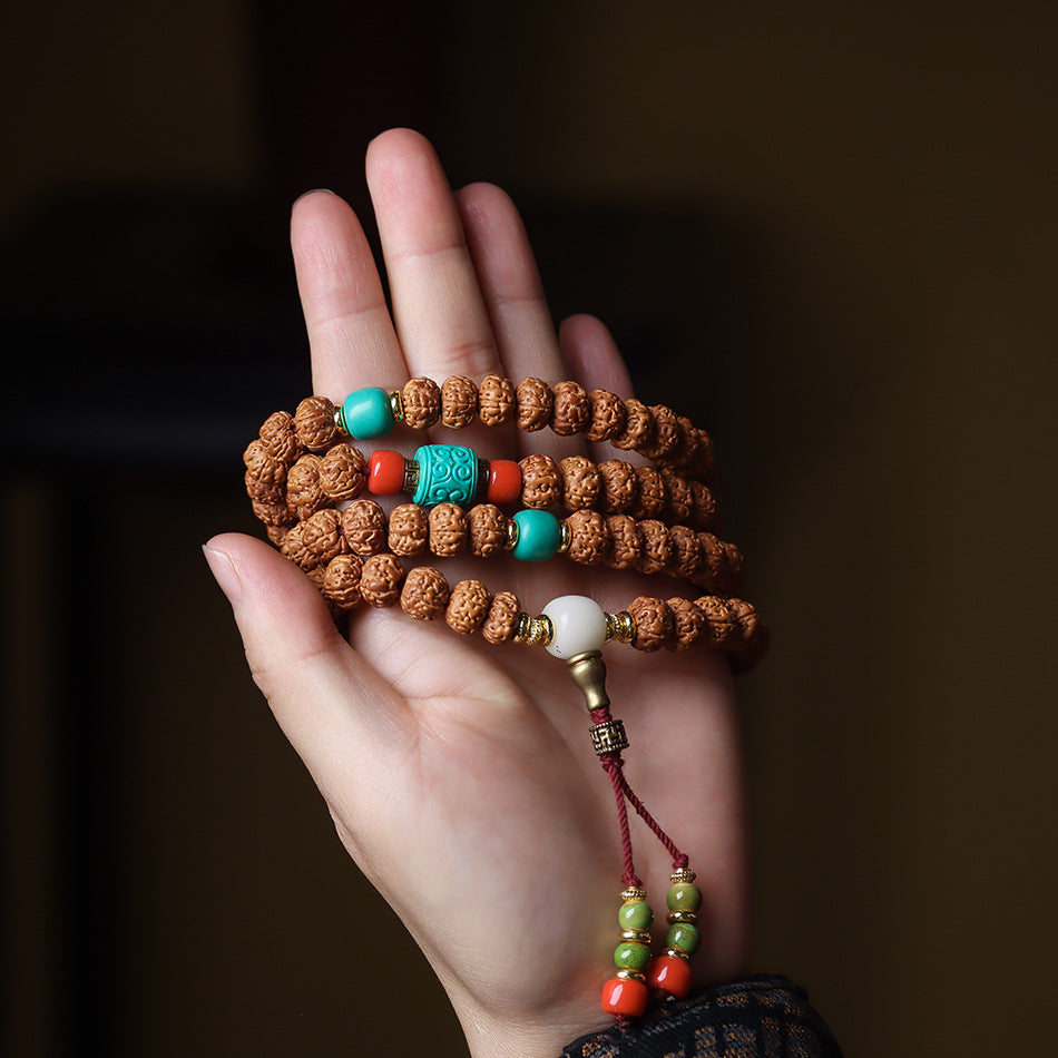 Dragon Vein Exploding Texture Rudraksha 108 Mala Beads Bracelet with Agate Stone Accents