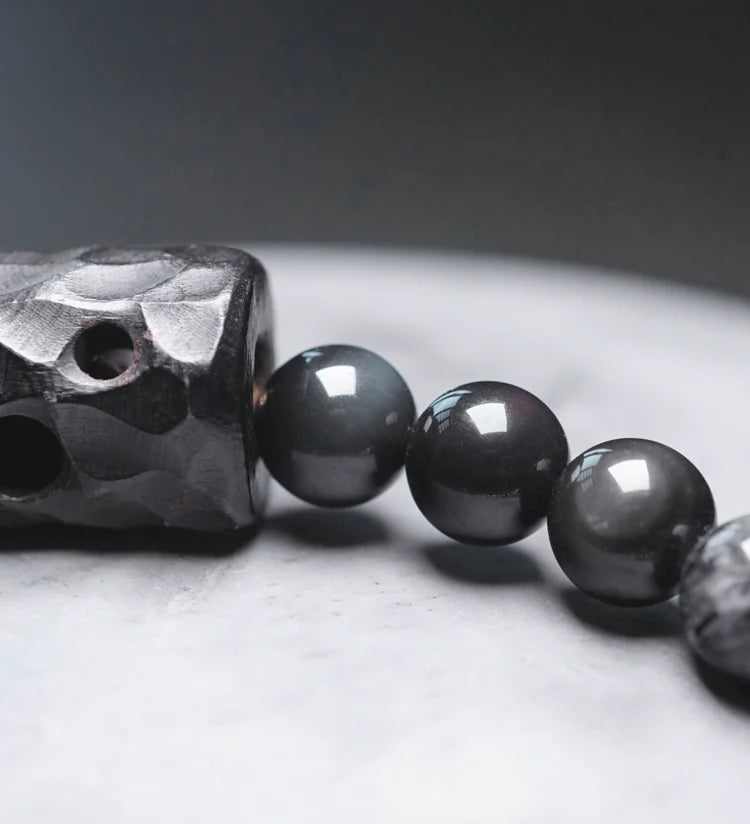 Double-Layer Black Rutilated Quartz Bracelet with White Crystal Pendant for Protection & Mental Clarity