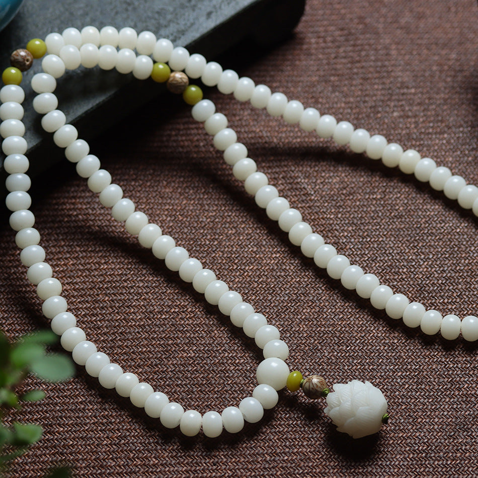 108 Mala Beads White Jade Bodhi Bracelet with Carved Pine Nut Charm
