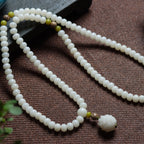 108 Mala Beads White Jade Bodhi Bracelet with Carved Pine Nut Charm