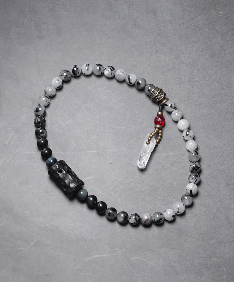 Double-Layer Black Rutilated Quartz Bracelet with White Crystal Pendant for Protection & Mental Clarity