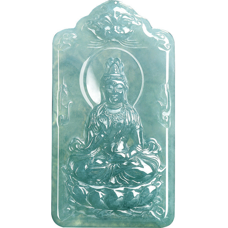 Natural Blue Water Jadeite Guanyin Pendant – A-Grade Jade, Spiritual Protection Talisman