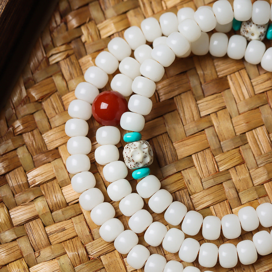 108 White Jade Bodhi Mala with Star and Moon Beads