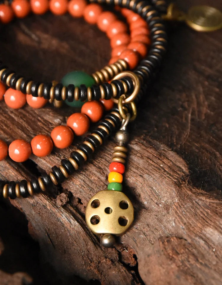 Vintage Wrap Bracelet · Red Agate, Ebony Wood & Brass · Multi-Layer Long Strand for Men and Women