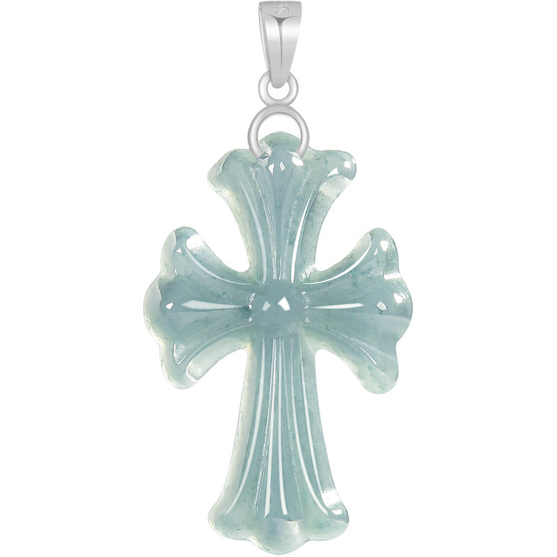 Natural Ice Blue Jadeite Cross Pendant – A-Grade Blue Water Jade with S925 Silver, 36mm Christian Talisman