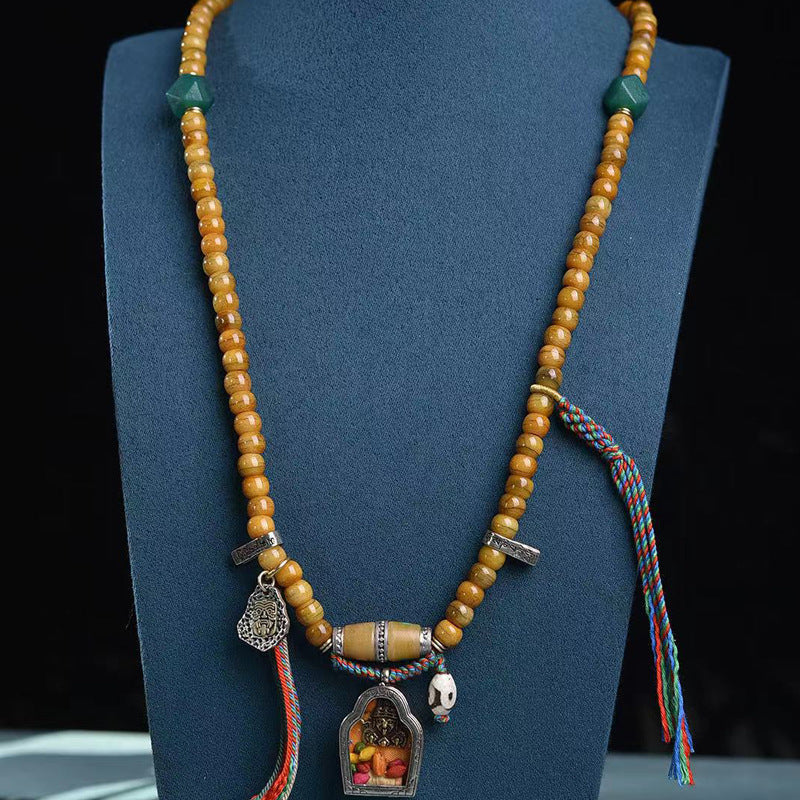 Natural Camel Bone 108 Beads Mala Necklace with Zakhilam Ghau Box Pendant