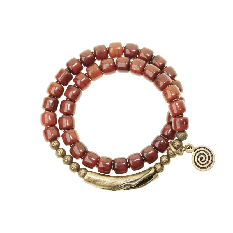 Tibetan Handmade Yak Bone Double-Wrap Bracelet – Long Style with Vintage Brass Accents