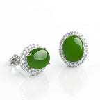 Natural Spinach Green Aged Hetian Jade Large Cabochon Stud Earrings for Women