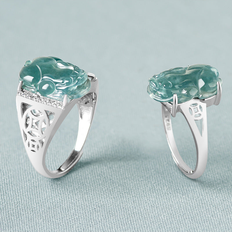 Natural A-Grade Blue Water Jadeite Pixiu Ring – S925 Silver, Adjustable Band, Unisex Fashion Ring