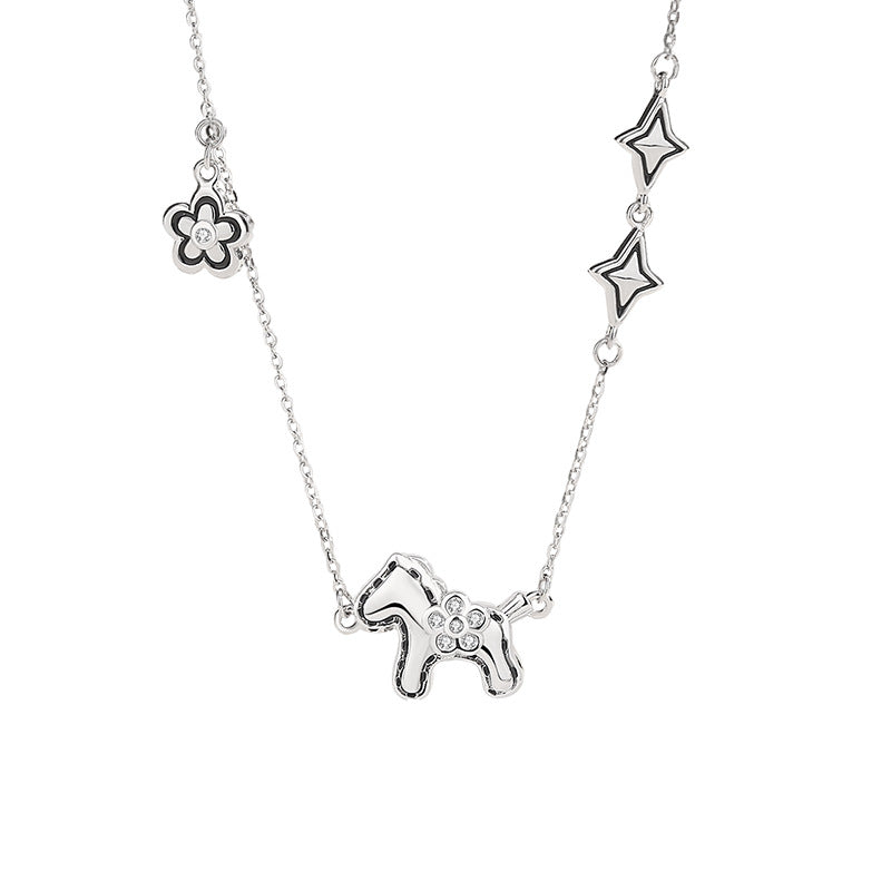 S925 Silver Horse Fortune Set, Necklace & Bracelet for Wealth & Luck Zodiac Jewelry