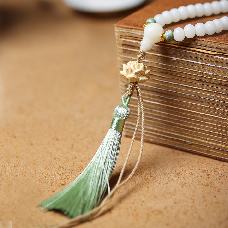 108 Mala Beads White Jade Bodhi Bracelet with Little Fox Pendant