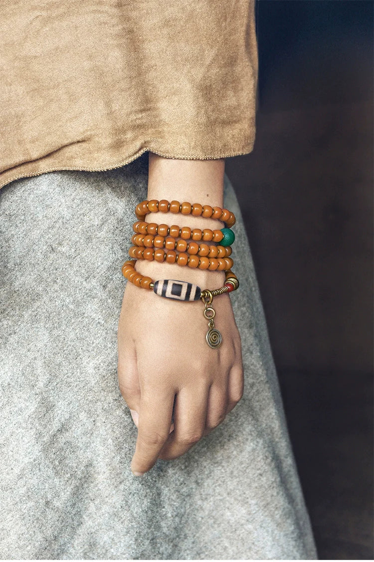Vintage Multi-Layer Bodhi Seed & Dzi Bead Unisex Bracelet · Buddhist Mala Jewelry