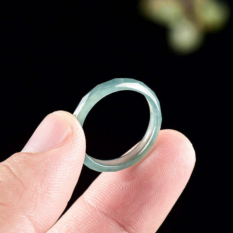 Natural A-Grade Blue Water Jadeite Diamond-Cut Ring – Unisex Couple's Ring, Elegant Design