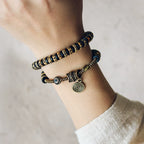 Double-Wrap Tibetan-Style Hand-Carved Bone Bead Bracelet with Ebony Spacers, Brass Accents, and Agate Dzi Charm